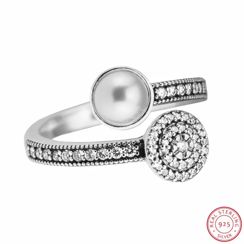 925 Sterling Sølv Lysende Glød Åben Erklæring Ringe til Kvinder Smykker Kontrast Hvid Krystal Perle og Klare CZ FLR124
