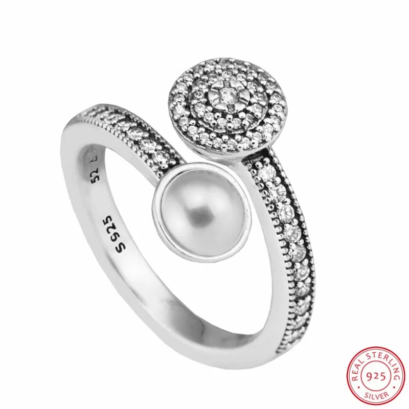 925 Sterling Sølv Lysende Glød Åben Erklæring Ringe til Kvinder Smykker Kontrast Hvid Krystal Perle og Klare CZ FLR124