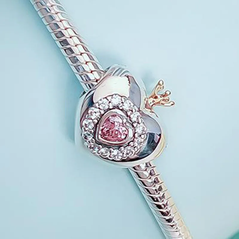 925 Sterling Sølv Perle Gold Crown Heart Perler Passer Til Pandora Kvinder, Armbånd & Halskæde Diy Smykker