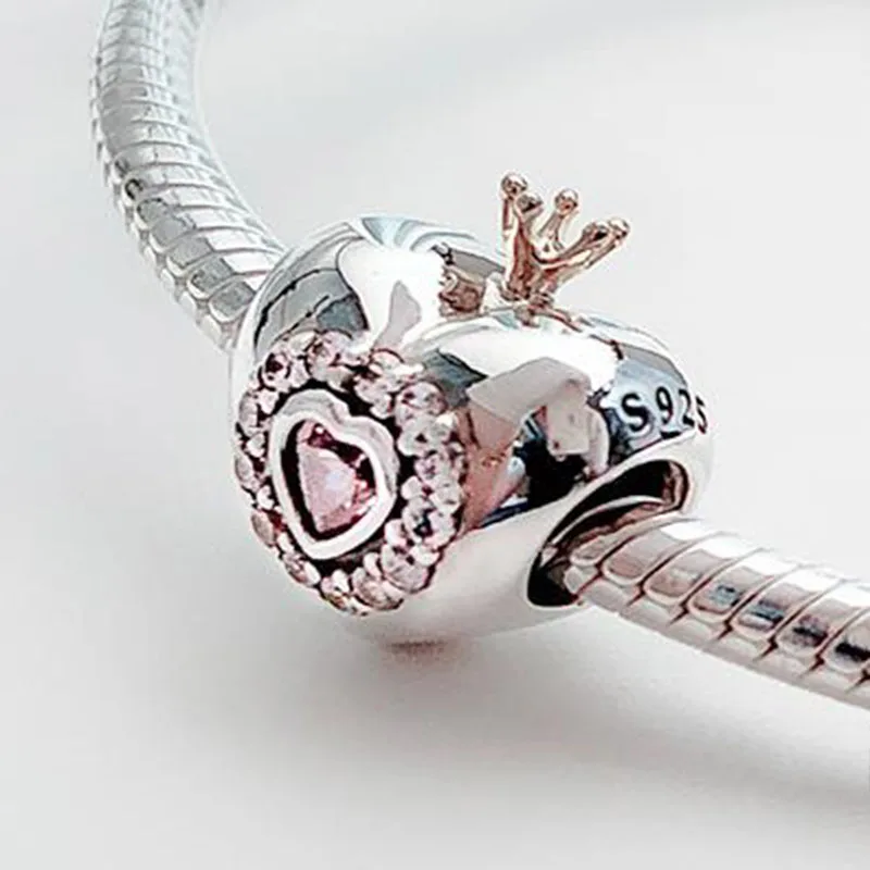 925 Sterling Sølv Perle Gold Crown Heart Perler Passer Til Pandora Kvinder, Armbånd & Halskæde Diy Smykker