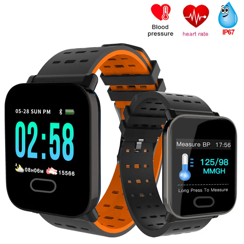 A6 Smart Ur med pulsmåler Fitness Tracker Blodtryk Smartwatch Vandtæt Til Android, IOS