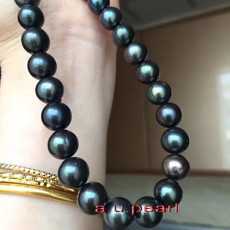 AAAAA 18 tommer 9-10mm Naturlige RIGTIG RUNDE TAHITI black pearl halskæde