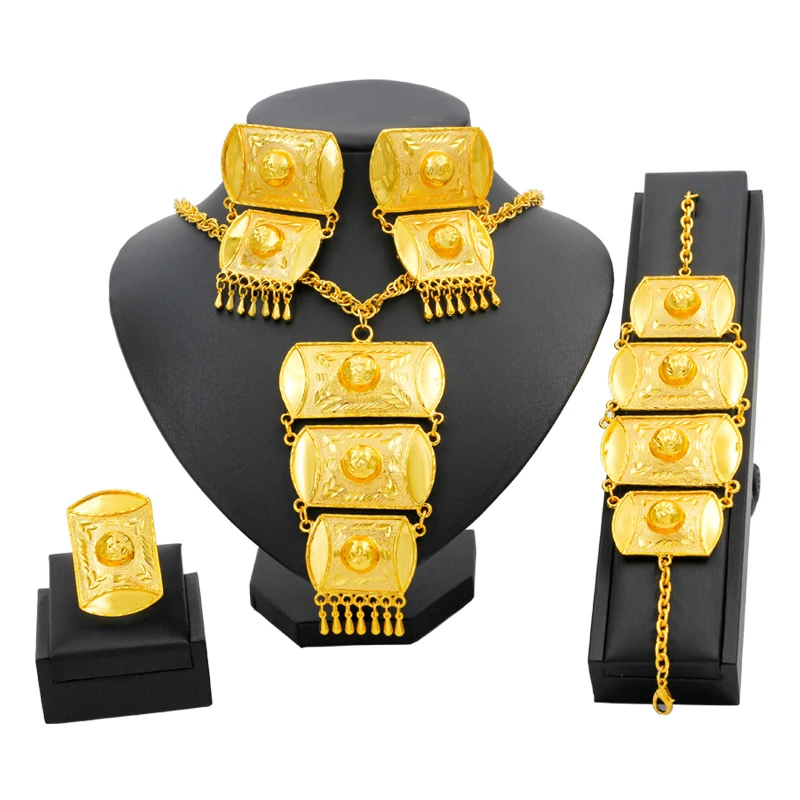 Afrikansk Smykke Sæt Guld Dubai Kvinder Gyldne Smykker Sæt-Halskæde, Armbånd, Øreringe Luksus Etiopiske Smykker til Bryllup