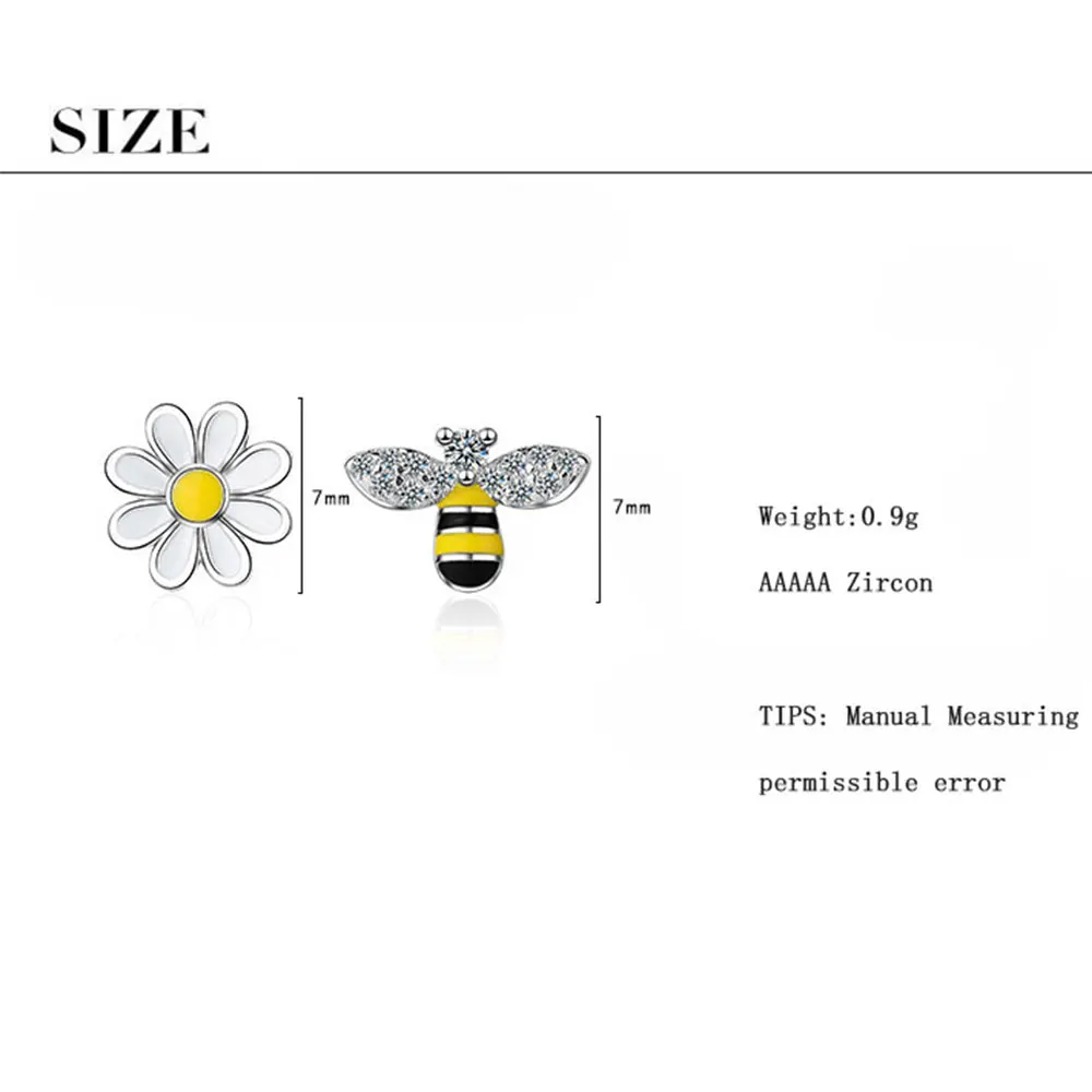 ANENJERY 925 Sterling Sølv Dejlige Asymmetrisk Bee Sun Flower Zircon Øreringe Til Kvinder Pige Øreringe boucle d'oreille S-E644