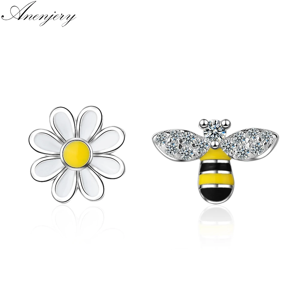 ANENJERY 925 Sterling Sølv Dejlige Asymmetrisk Bee Sun Flower Zircon Øreringe Til Kvinder Pige Øreringe boucle d'oreille S-E644