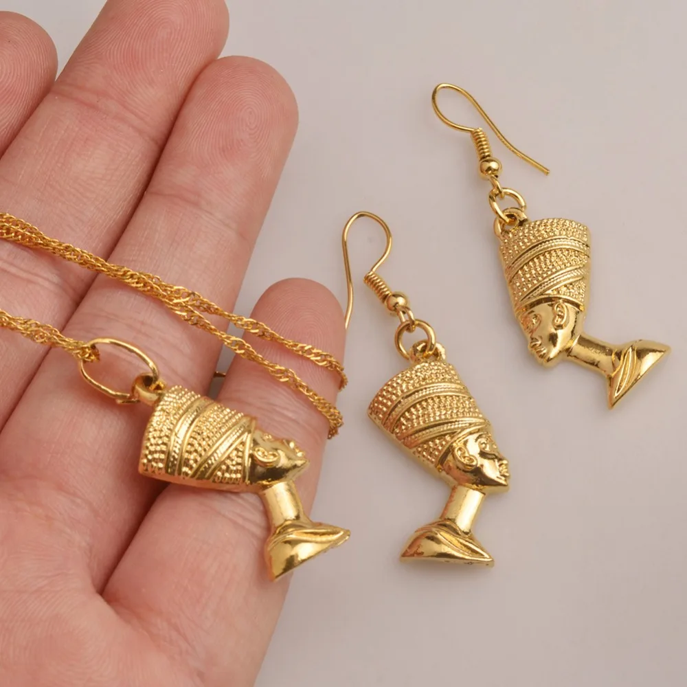 Anniyo Egypten Nefertiti, Dronningen Portræt Halskæde & Øreringe til Kvinder,Guld Farve Egyptiske Smykker Sæt, Engros #098906