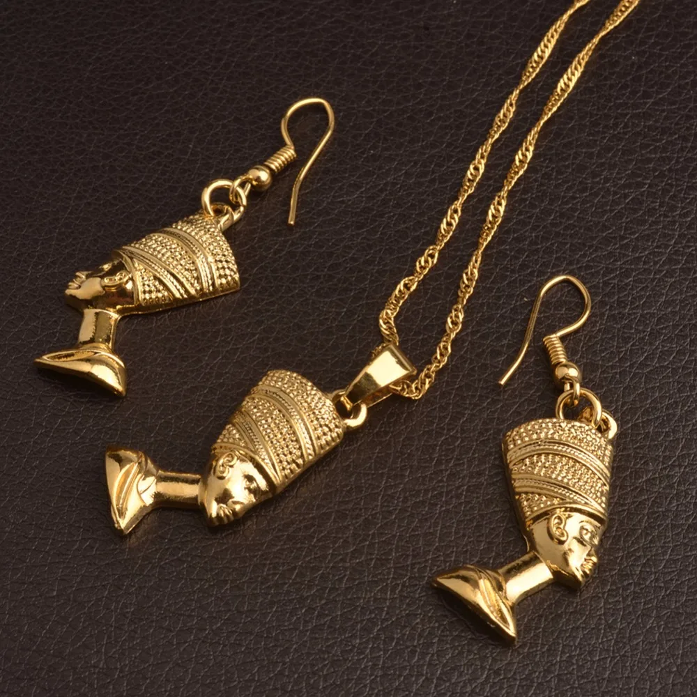 Anniyo Egypten Nefertiti, Dronningen Portræt Halskæde & Øreringe til Kvinder,Guld Farve Egyptiske Smykker Sæt, Engros #098906