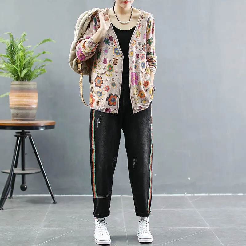Antal LuLu Kinesisk Mode Designer Kvinder, Blomster Efteråret Cardigans Damer Kausale Løs Trøjer Trykt Vintage Tøj Plus Størrelse