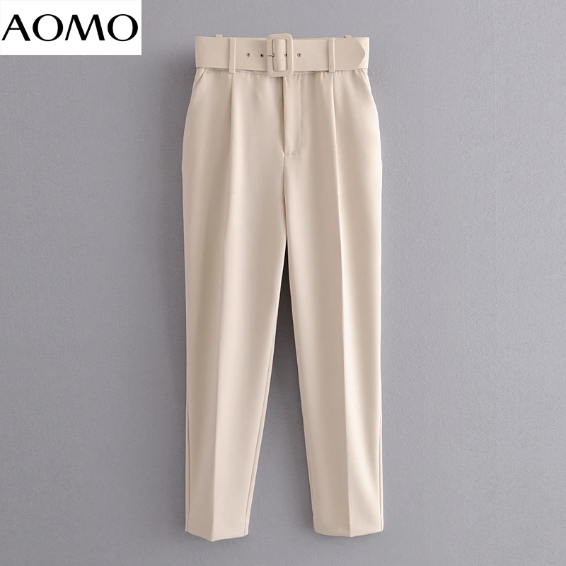 AOMO 2020 kvindelige arbejde lilla jakkesæt bukser med høj talje bukser vinger lommer kontor damer bukser mode bukser 6A22A