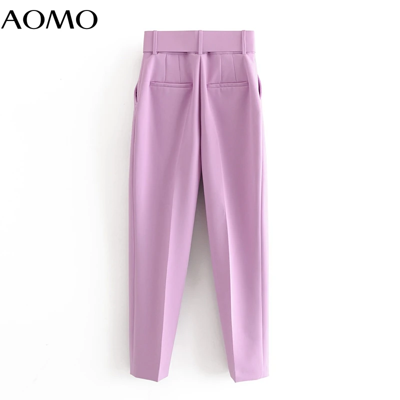 AOMO 2020 kvindelige arbejde lilla jakkesæt bukser med høj talje bukser vinger lommer kontor damer bukser mode bukser 6A22A