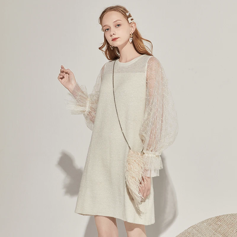 ARTKA 2020 Efteråret Nye Kvinder klæder sig Elegant Uld Strikket Sweater Kjole O-Neck Pullover Mesh Lanterne Ærme Hvid Sweater LA21005X