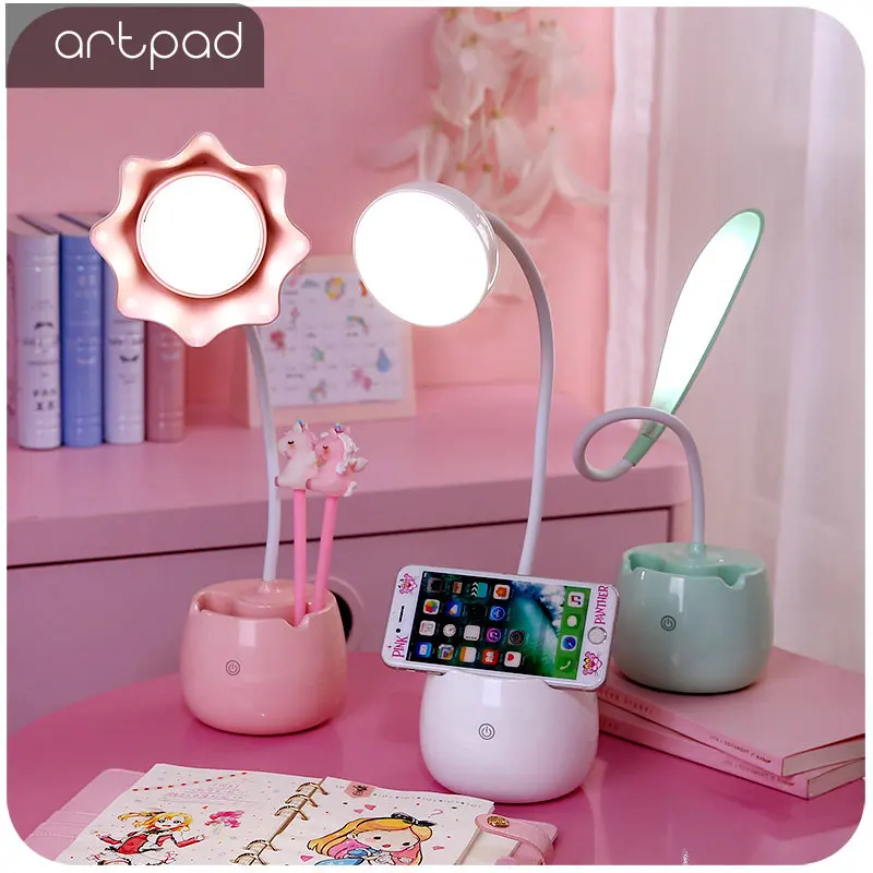 Artpad Pink Grøn Dejlige Studerende-LED bordlampe med Touch Skifte Lysdæmper 360 Graders Fleksibel Arm USB-Port Gebyr for Pige Børn