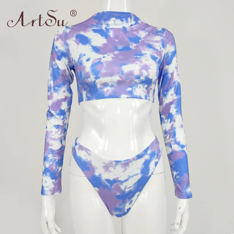 ArtSu Tie Dye Print 2020 Lange Ærmer Tankini Badetøj To Delt Sæt Kvinder Trekant Bikini Badetøj Badetøj Biquini