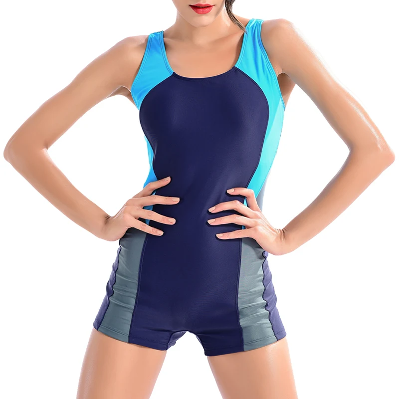 Athletic Badetøj Sport Ét stykke Badedragt Kvinder Uddannelse Passer Patchwork Bodysuit Backless Boyleg Swimmingpool badetøj