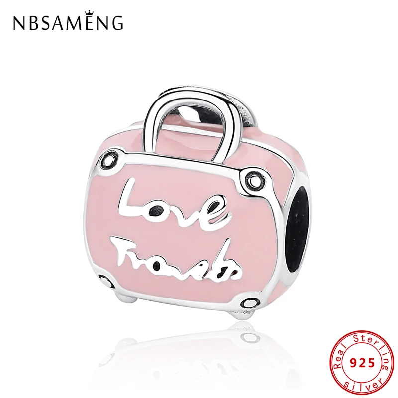 Autentisk 925 Sterling Sølv Perle Charm Pink Kærlighed Travel Bag Charms Passer til Pandora Oprindelige Armbånd Kvinder DIY Smykker