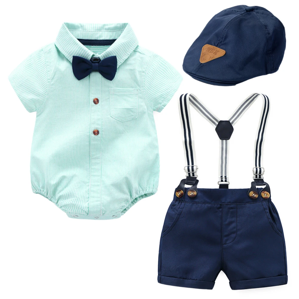 Baby Boy Tøj Sparkedragt + Bue + Navy Shorts + Strømpebånd Bælte Sæt Spædbarn Tøj Kort Outfit