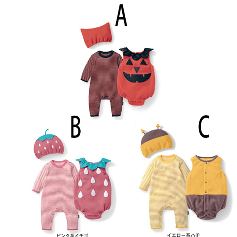 Baby pige bomuld tøj jordbær kostume fuld ærme sparkedragt+hat+vest spædbarn halloween festival fotografering tøj