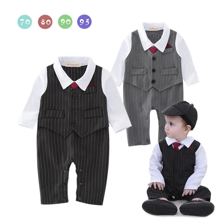 Baby Sparkedragt Nyfødte Baby Boy Tøj Herre, der Passer Buksedragt Overalls Spædbarn Tøj med Bow Tie Enkelt Breasted Dåb Kostume