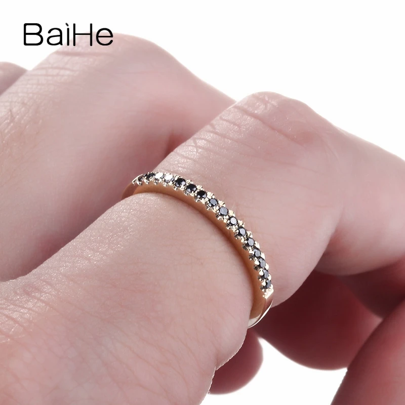 BAIHE Solid 10K Gul Guld 0.15 ct Runde Sorte Diamanter Fine Smykker Bryllup Gave Engagement Ring Kvinder Gave Sort Diamant Ring