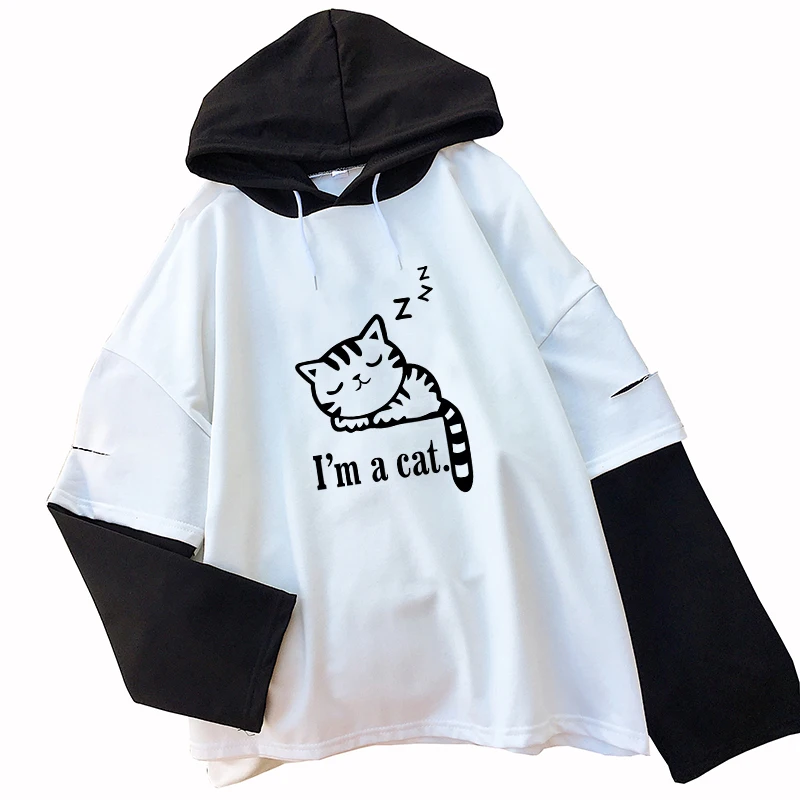 Bedste Kvalitet Sjove Sovende Kat Trykt Mode Dejlige Tegnefilm Harajuku Streetwear Hoody Casual Bomuld Drop Skulder Sweatshir