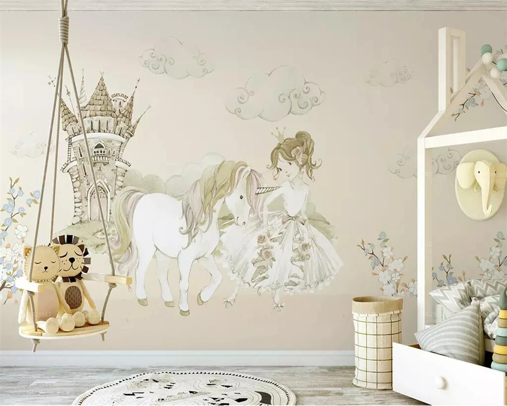 Beibehang Brugerdefineret baggrund lille prinsesse og en-hornede horse slot eventyr børneværelse baggrund væggen 3d tapet
