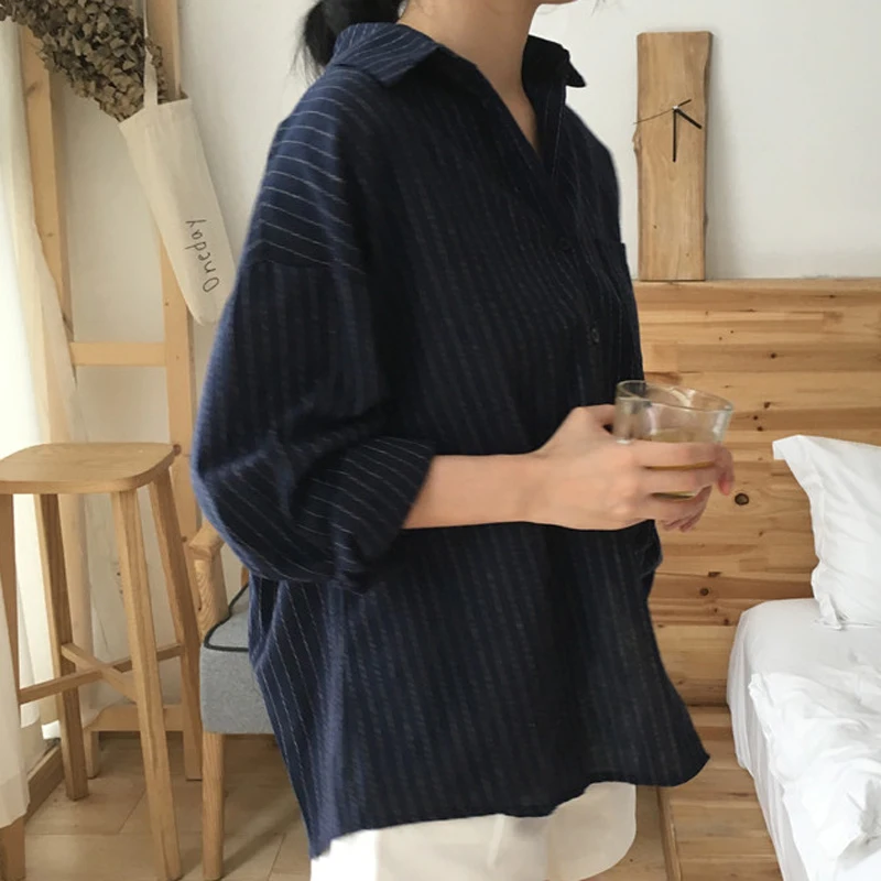 BGTEEVER Casual Stribede Skjorter Kvinder Single-breasted En Lomme Kvindelige Bluser 2020 Løs Shirts Toppe femme blusas mujer de moda