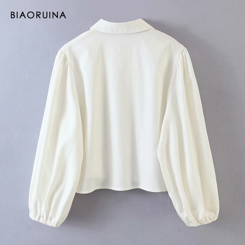 BIAORUINA Kvinder Hvid Enkelt-Breasted Mode Shirt Rhinestone Dekoration Lanterne Ærme OL Style Elegant Bluse Blusa
