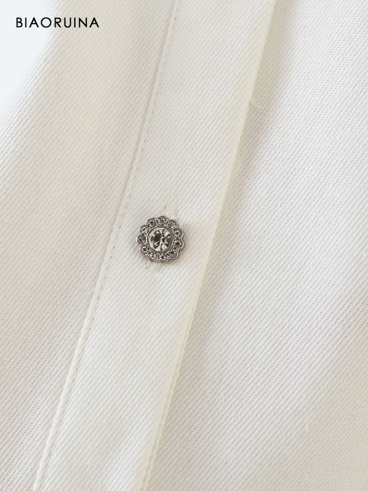 BIAORUINA Kvinder Hvid Enkelt-Breasted Mode Shirt Rhinestone Dekoration Lanterne Ærme OL Style Elegant Bluse Blusa
