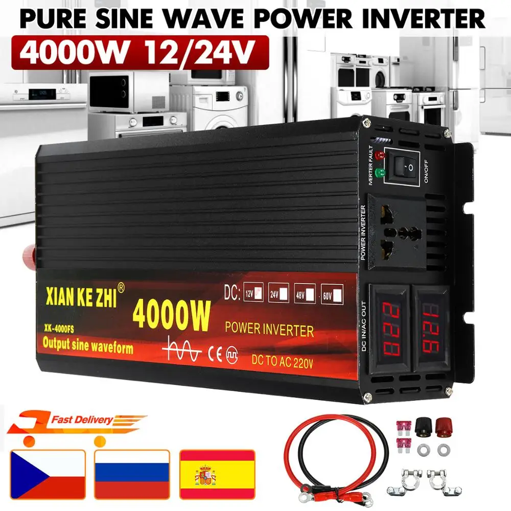 Bil Inverter 12V/24V 220V 3000/4000W Spænding transformer Pure Sine Wave Power Inverter DC12V til AC 220V Omformer+2 LED-Display
