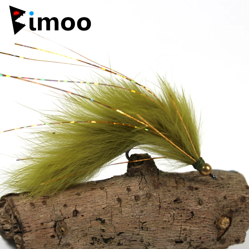 Bimoo 6STK 6# Olive Kobber Beadhead Zonker Flue Fiskeri Streamers
