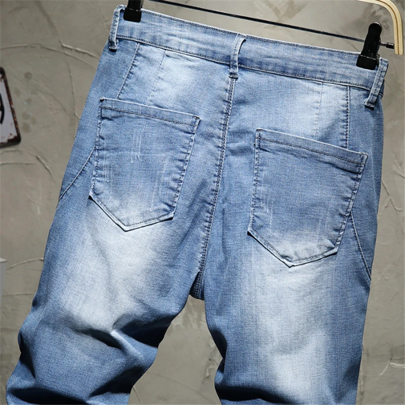 Bindebånd i taljen Stretch blå Vasket Denim Shorts Mænd Sommeren Nye Mode Casual Shorts Mænd Mid Talje Cargo Shorts Jeans