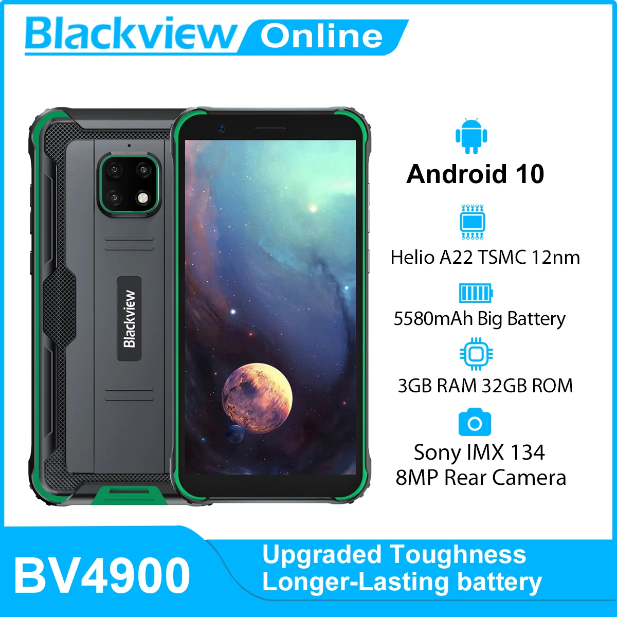 Blackview BV4900 IP68 Vandtæt, Robust Smartphone 3GB+32GB 5.7 tommer Mobiltelefon 5580mAh Android 10 NFC-Mobiltelefon
