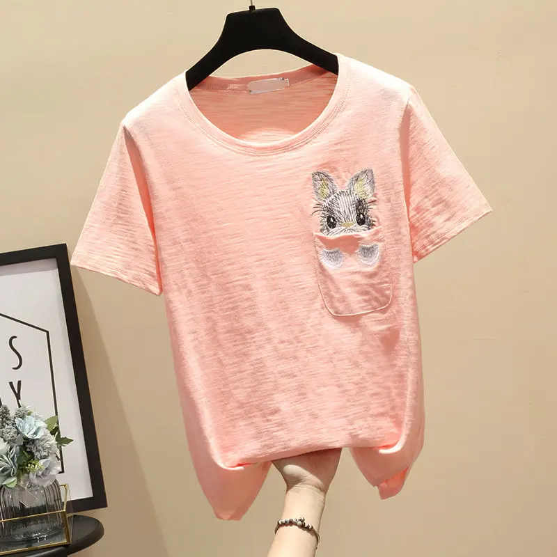 BOBOKATEER Hvid Bomulds Tshirt Kvinder Toppe-Pink Broderi T-shirt Kvinde Tøj Vintage Sort t-Shirt Sommer Korte Ærmer 2020