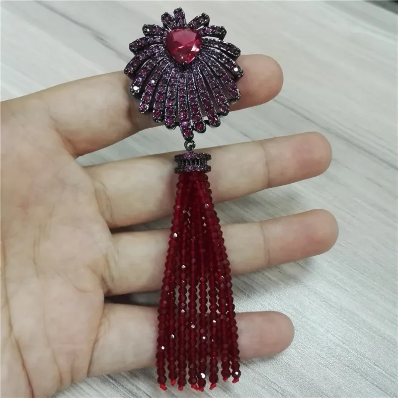 Boho Bohemia Vin Red Glass Beaded Kvast Med Pistol Sort Farve Cz Crystal Palm Tree Vedhæng Med Perler, Kæde Til Kvinder