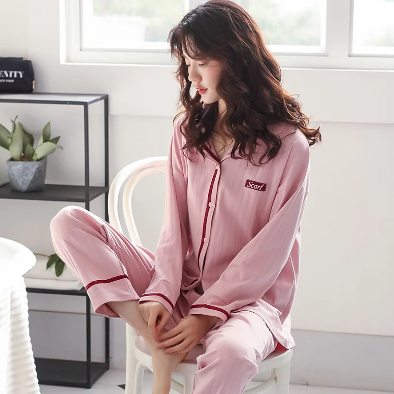 Bomuld Pyjamas for Kvinder Efterår og Vinter PJ Lange Ærmer Pijama Button-Down Ren Bomuld Pink Nattøj Sæt Damer Pyjama Femme