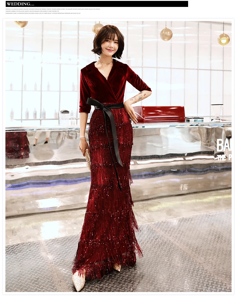 Bourgogne Slank Sequined Havfrue Prom Kjoler 2020 V Hals Dubai arabisk Aften Kjoler velvet Kvast вечернее платье сблестками