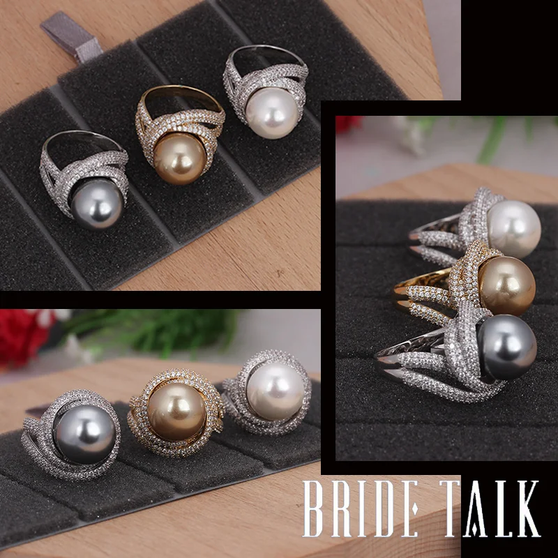 Bruden Talk Fashion Brand Kvinder Pearl Ring Cubic Zirconia Snoede Linjer Luksus Finger Ringe Elegante Smykker Til Bryllup Part