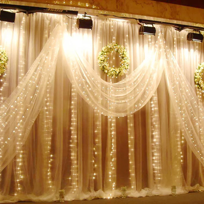 Bryllup Fe Lys String Have Dekoration Led Curtain Nye Udendørs Fødselsdag Jul 3x3m 300 1 År Hvid Pære