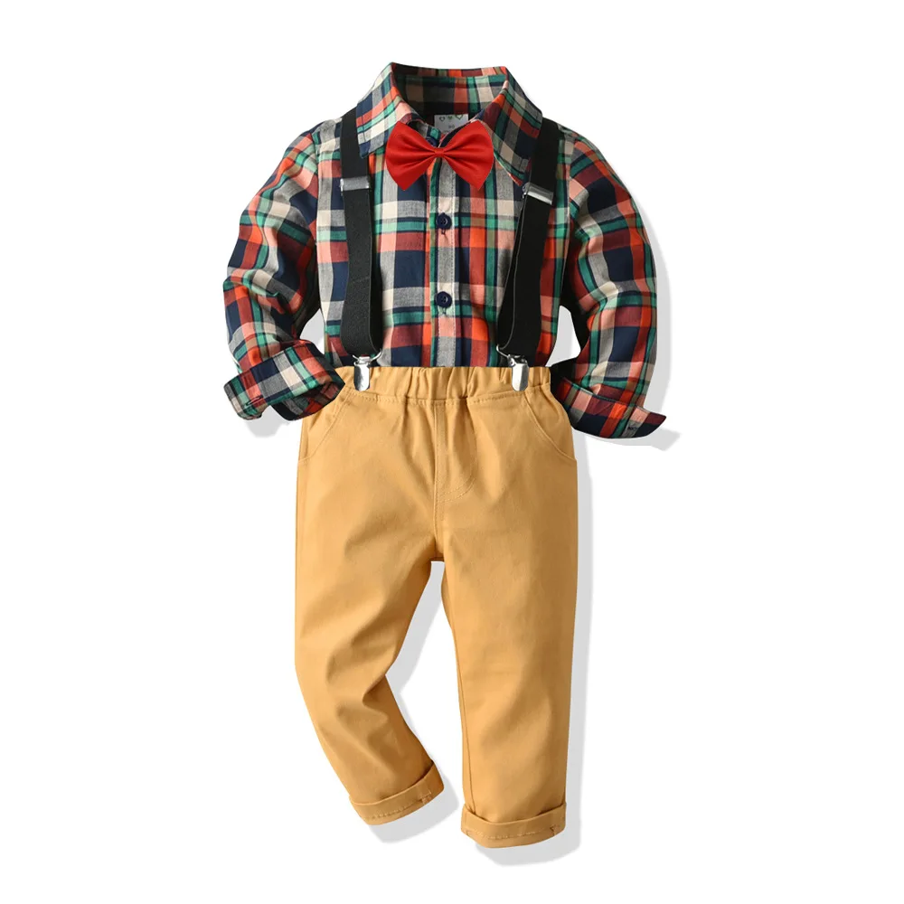 Børn Drenge Plaid Tøj med Lange Ærmer Revers Shirt ensfarvet Bukser Lomme med Bow Tie Hofteholder Jul Drenge, der Passer