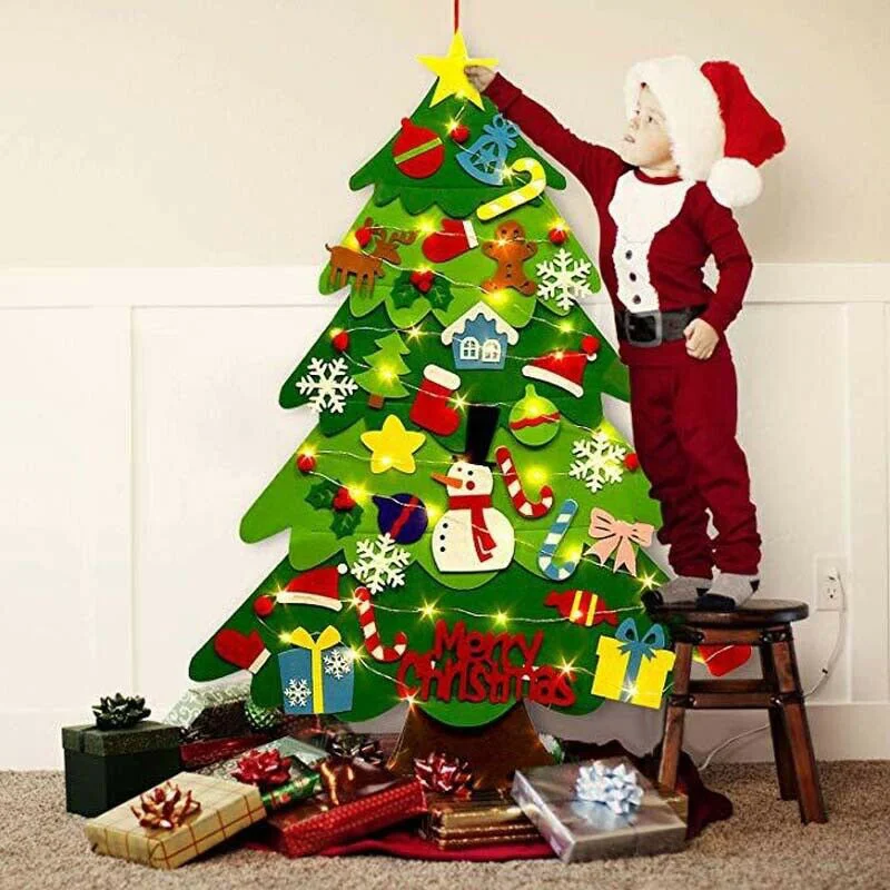 Børn Følte, juletræ og Sparet Ornamenter Bundt med LED String Lys LXY9