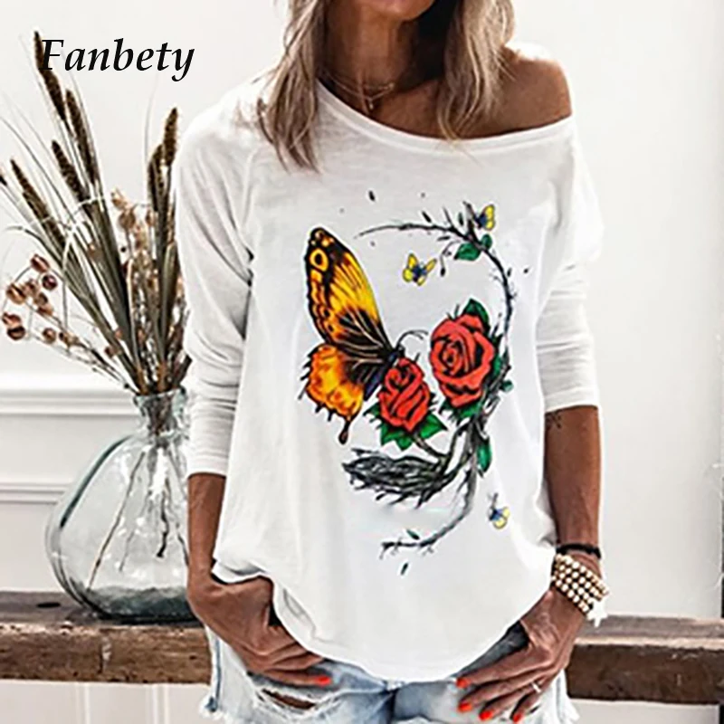Casual Kvindelige Off Skulder t-Shirt Kvinder Sommerfugl, Blomster Print O Hals Toppe, T-shirts Elegante Efteråret langærmet T-Shirt Mujer