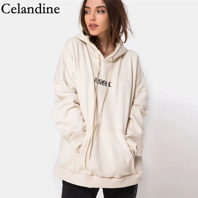 Celandine Casual Løs Streetwear Hoodie Kvinder Brev Print Sport Preppy Stil Oversize Sweatshirt Damer Pullovere Efteråret 2020
