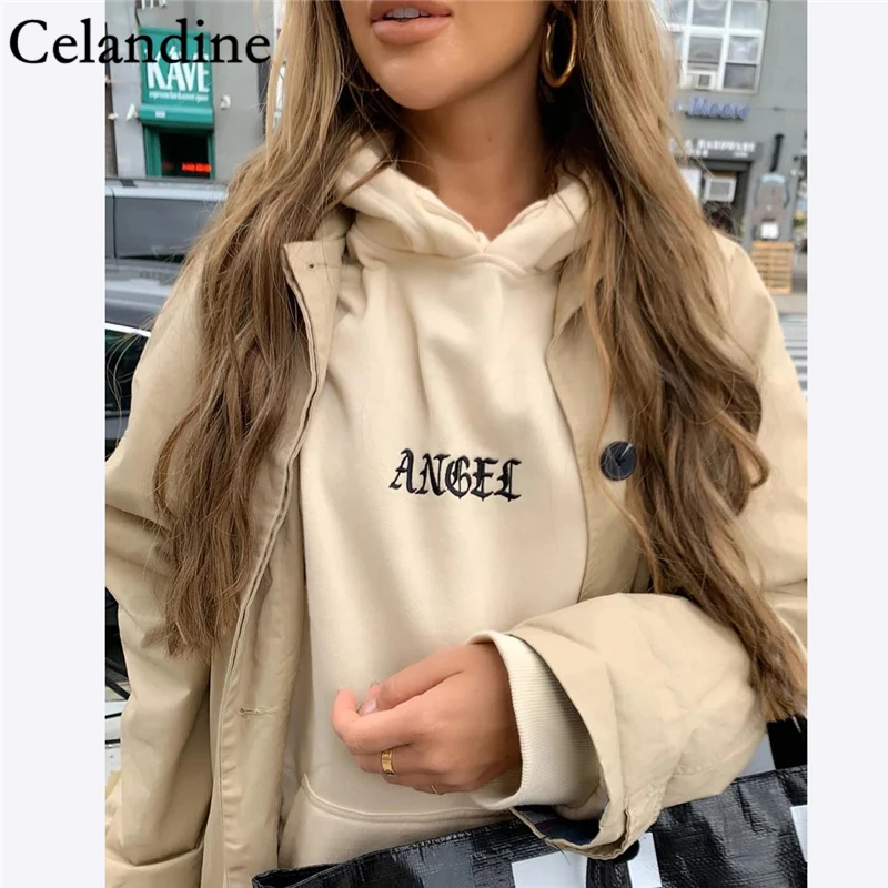 Celandine Casual Løs Streetwear Hoodie Kvinder Brev Print Sport Preppy Stil Oversize Sweatshirt Damer Pullovere Efteråret 2020