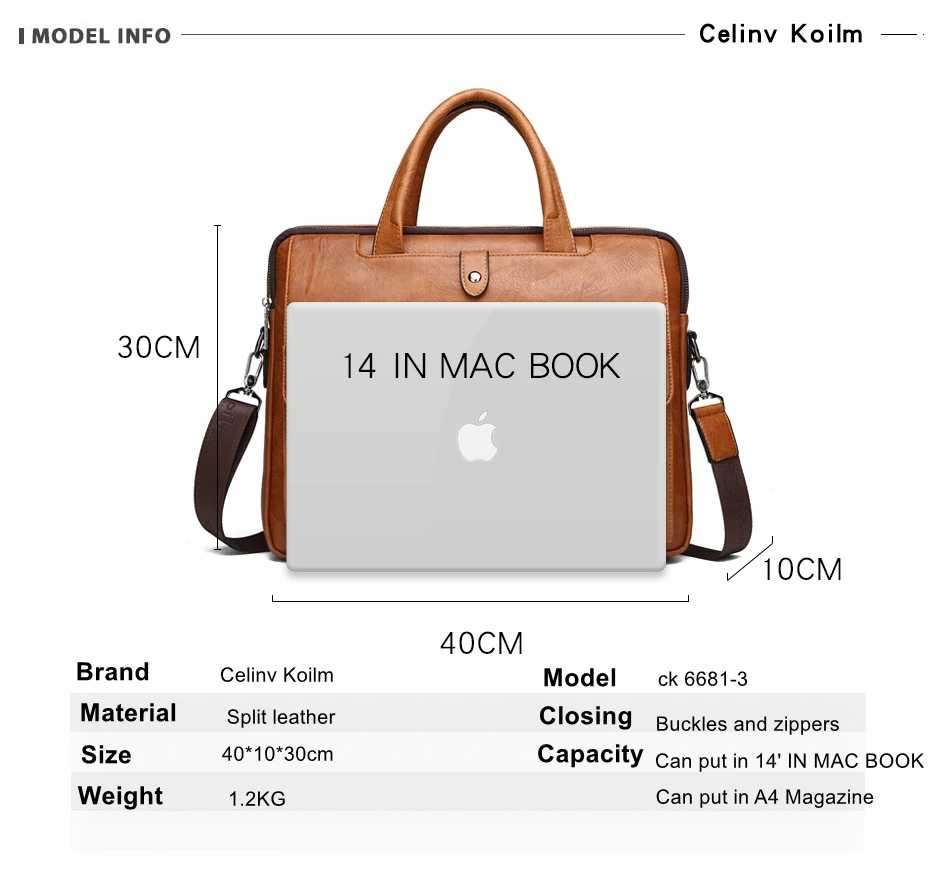 Celinv Koilm Mand Rejsetaske Stor Størrelse 14 tommer Laptop Tasker Business Travel Håndtaske office Business Mandlige Taske Til A4-Filer Tote taske