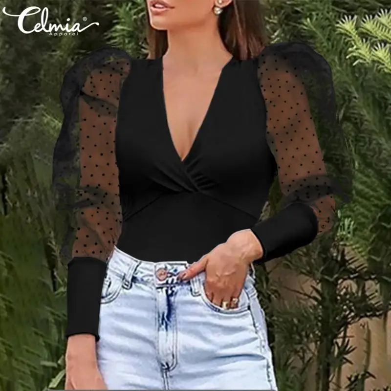 Celmia Kvinder Bluser, Mode-Se-gennem Sheer Mesh Dot Shirts Gennemsigtig Puff langærmet Toppe om Sommeren V hals Casual Blusas