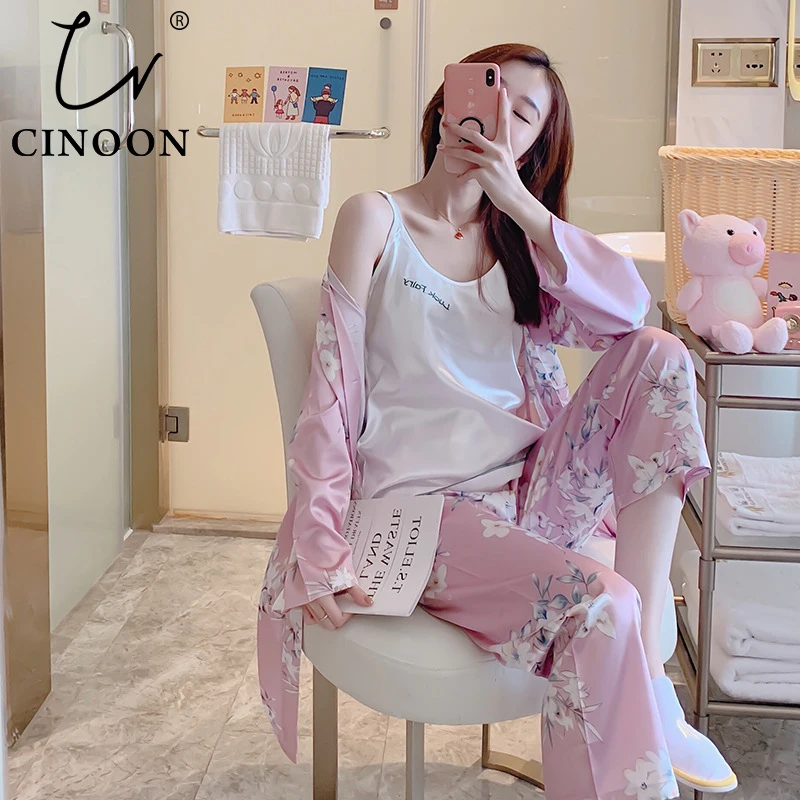 CINOON Nye 3 Pc ' er Sexede Kvinder Pyjamas Sæt Satin Homewear Kvinder er Indstillet Silk Flower Print Nattøj Mode Slynge Nattøj Sæt