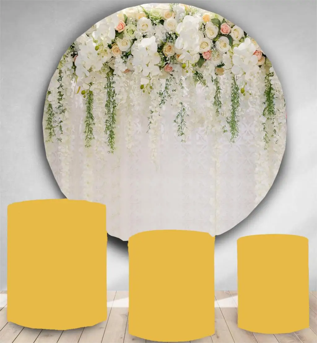 Cirkel fotografering baggrund bryllup, bridal shower hvid blomst runde foto baggrund photo booth studio fødselsdag dessert bordet