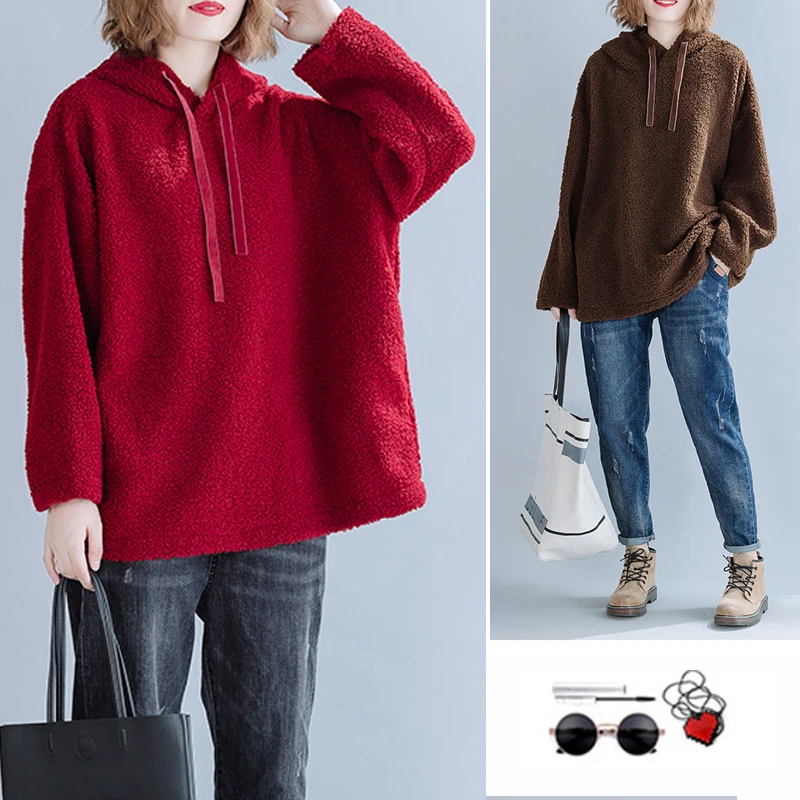 DIMANAF Plus Size Kvinder Hættetrøjer Sweatshirt Cashmere Toppe Stor Størrelse Fuld Ærme Afslappet Vinter O-Hals Nye Solid Rød 2020 Pullover