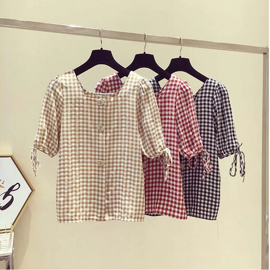 DIOROBBEN kvinders sommer bluse 2020 fashion Square Krave, korte ærmer Kvinder Plaid Shirt Casual vintage-toppe plus størrelse