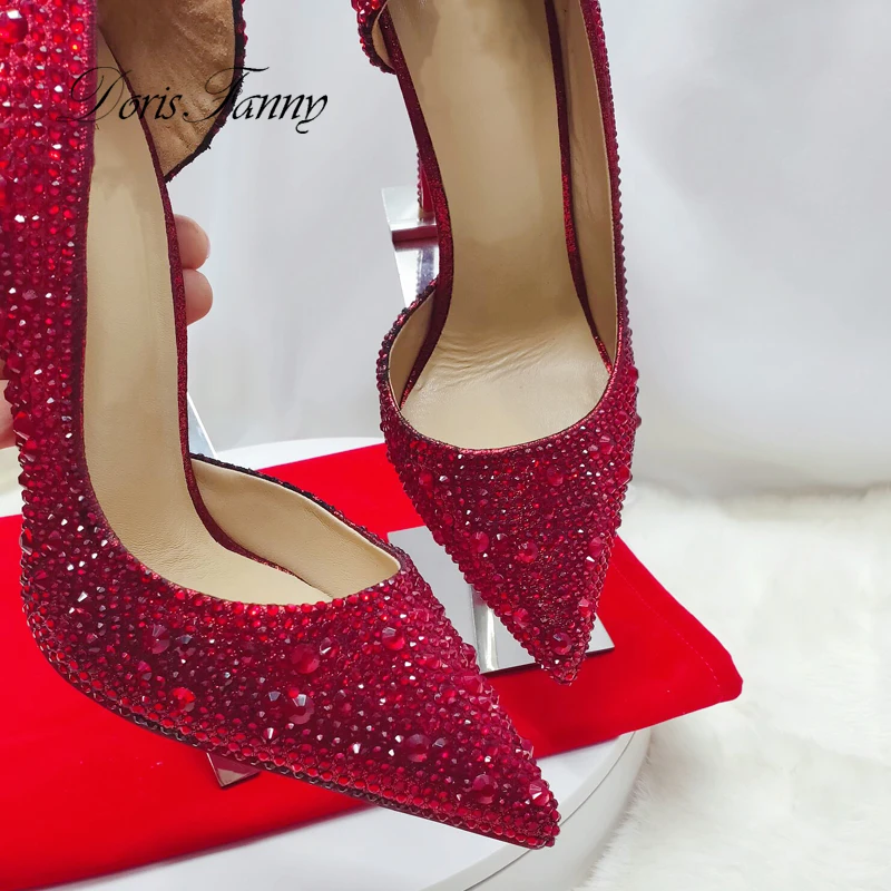 Doris Fanny Krystaller stor størrelse sort rød aften sko kvinde bryllup sko sexy stiletto kvinder høje hæle party sko til kvinder